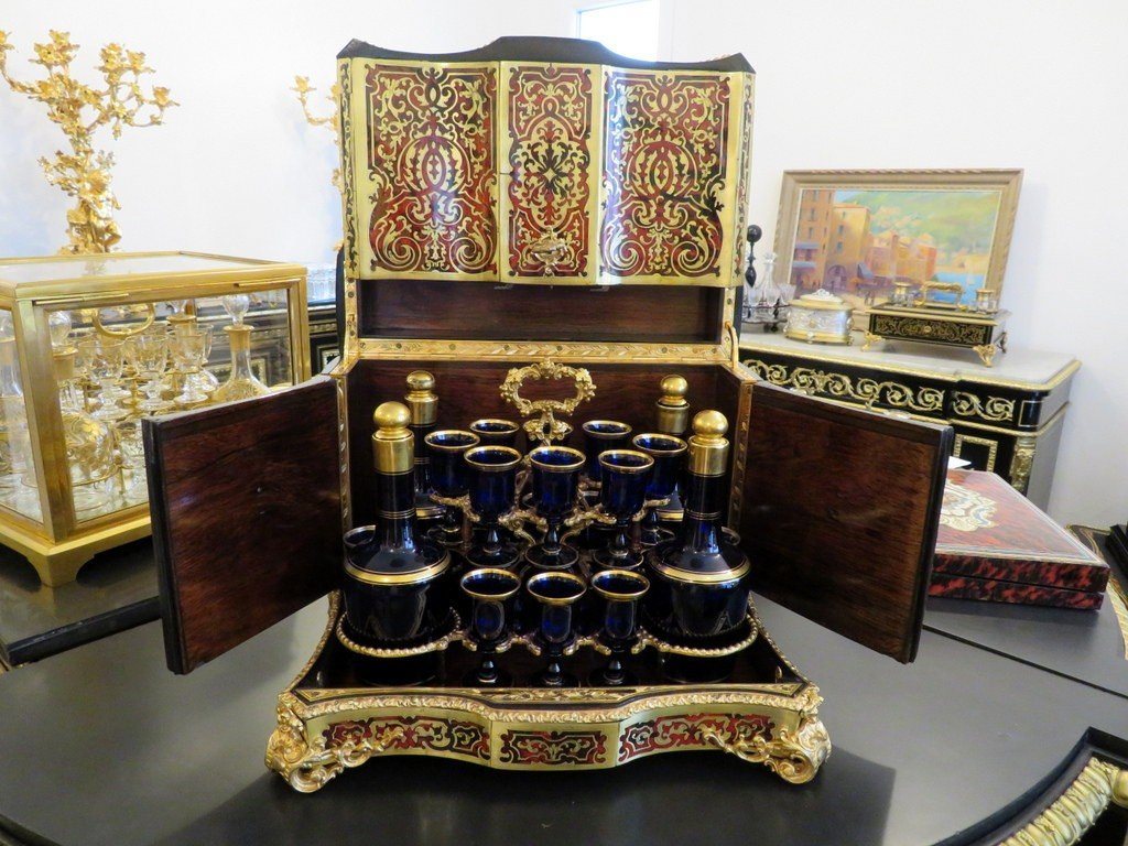 Blue Crystal And Gold /  Tantalus Box Liqueur Cellar  Boulle Marquetry, Napoleon III Period-photo-4