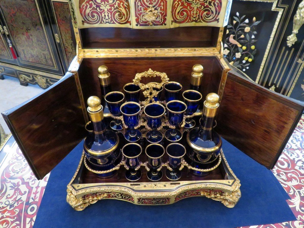 Blue Crystal And Gold /  Tantalus Box Liqueur Cellar  Boulle Marquetry, Napoleon III Period-photo-1