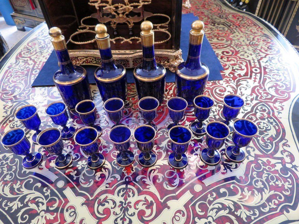 Blue Crystal And Gold /  Tantalus Box Liqueur Cellar  Boulle Marquetry, Napoleon III Period-photo-6