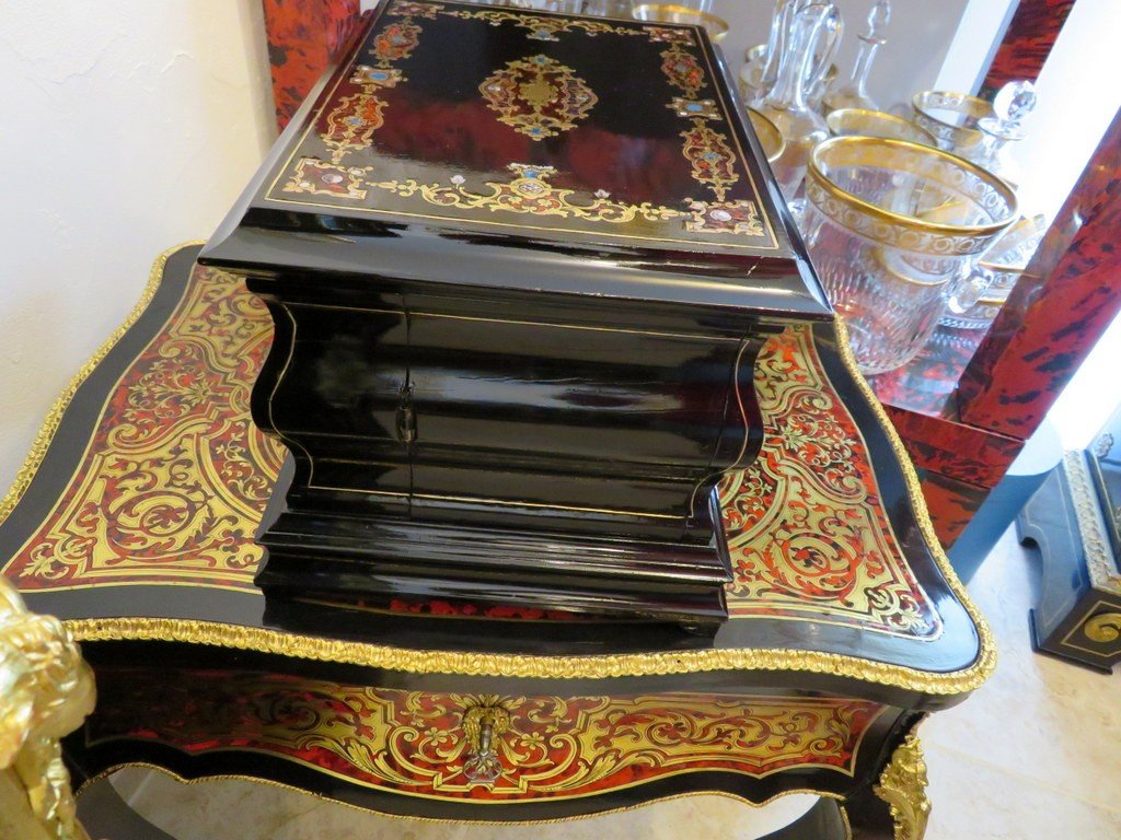 Black Liqueur Cellar Tantalus Box  With Boulle Marquetry, Napoleon III Period-photo-2