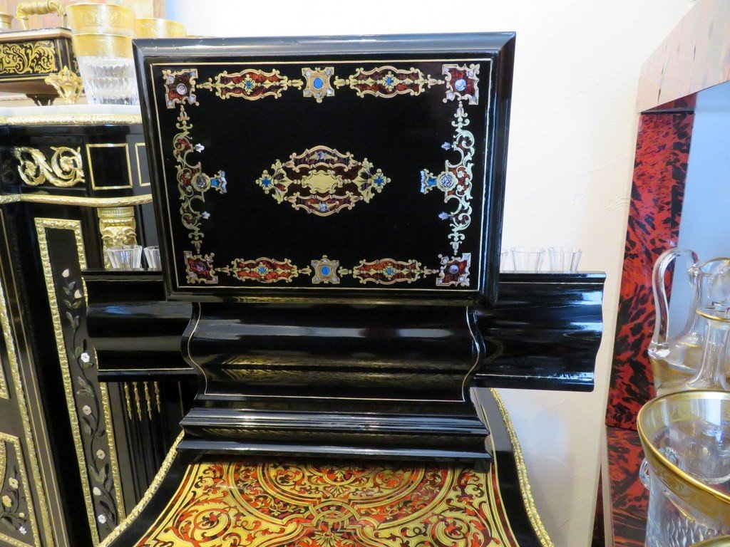 Black Liqueur Cellar Tantalus Box  With Boulle Marquetry, Napoleon III Period-photo-3