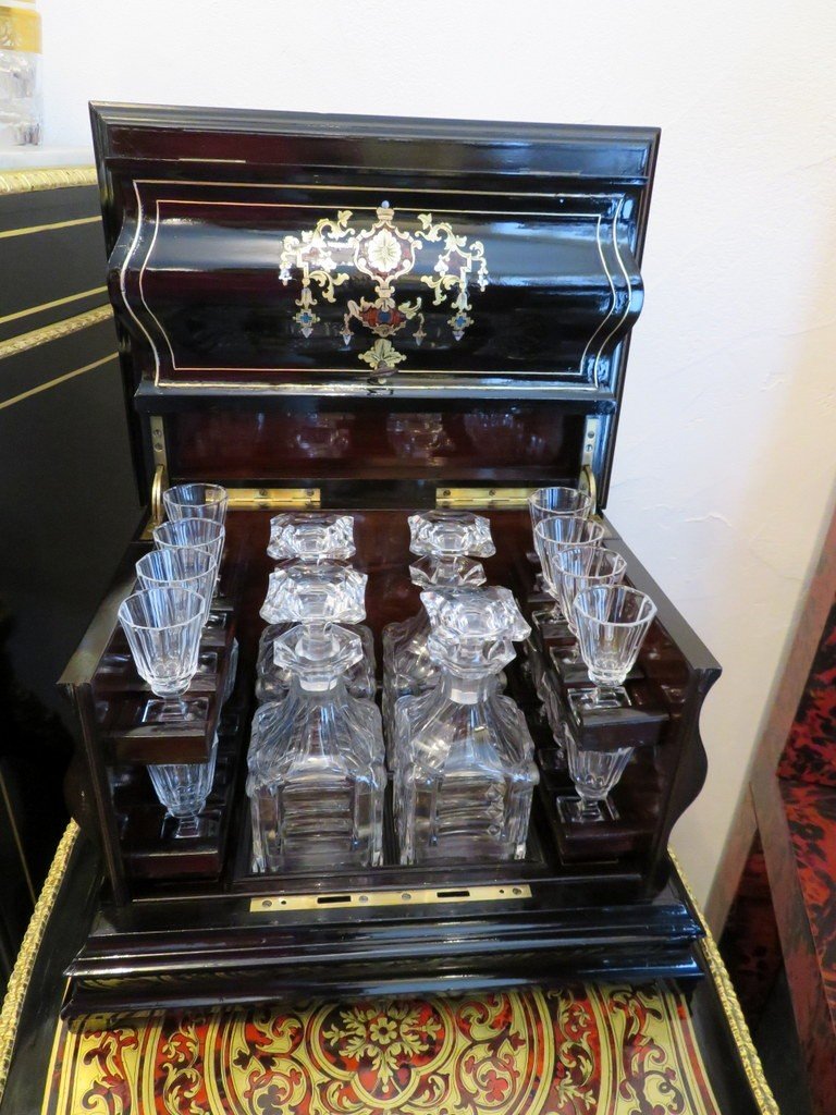 Black Liqueur Cellar Tantalus Box  With Boulle Marquetry, Napoleon III Period-photo-4