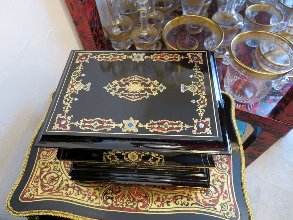 Black Liqueur Cellar Tantalus Box  With Boulle Marquetry, Napoleon III Period-photo-1