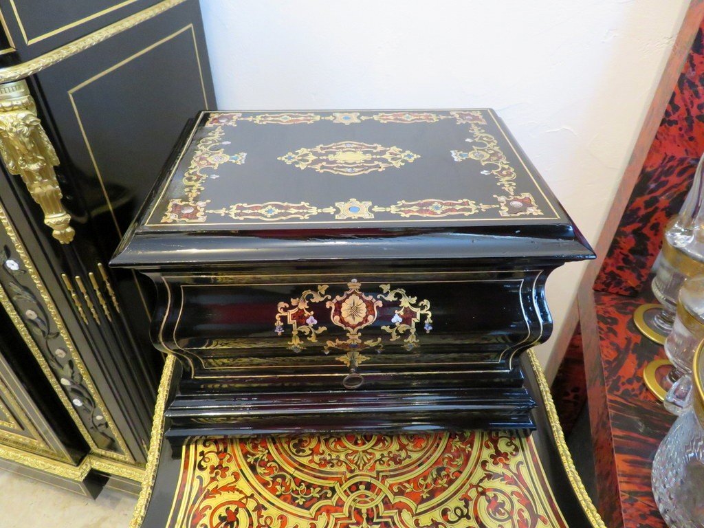 Black Liqueur Cellar Tantalus Box  With Boulle Marquetry, Napoleon III Period-photo-2