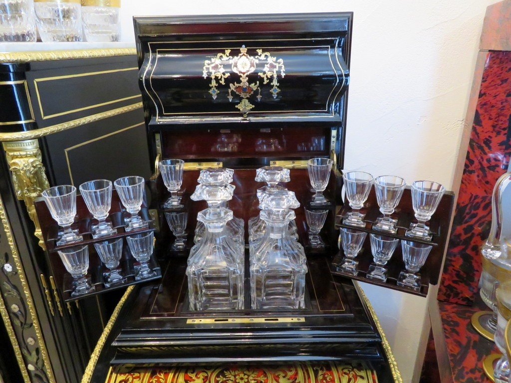 Black Liqueur Cellar Tantalus Box  With Boulle Marquetry, Napoleon III Period-photo-3