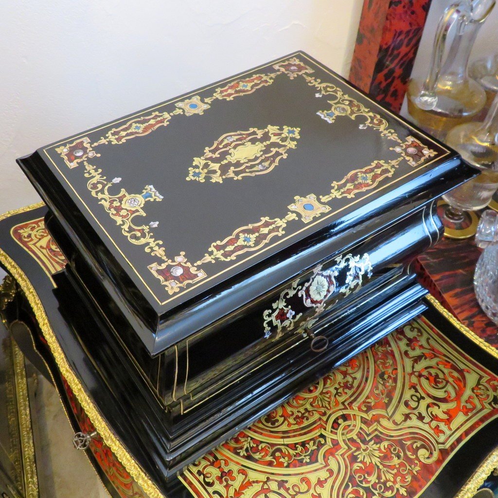 Black Liqueur Cellar Tantalus Box  With Boulle Marquetry, Napoleon III Period