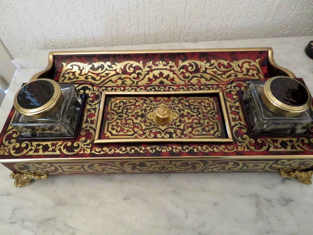 French Inkwell In Boulle Marquetry With Crystal Inkwell 19th Napoleon III Period-photo-3