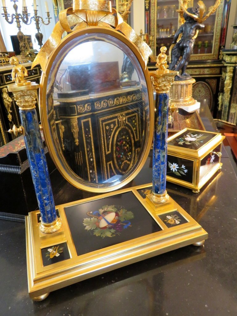 Miroir Spyché En Bronze Et Marqueterie De Pierre Dure 19éme-photo-2