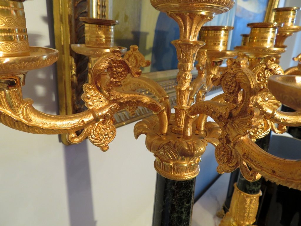  Pair Of Candelabra Golden Bronze And Marble Empire Period 67cm-photo-2