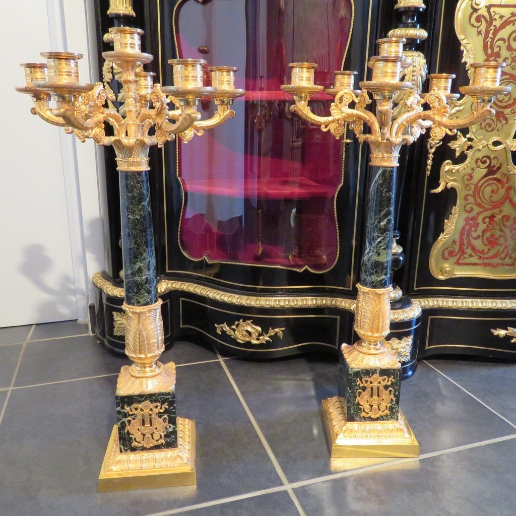  Pair Of Candelabra Golden Bronze And Marble Empire Period 67cm-photo-3