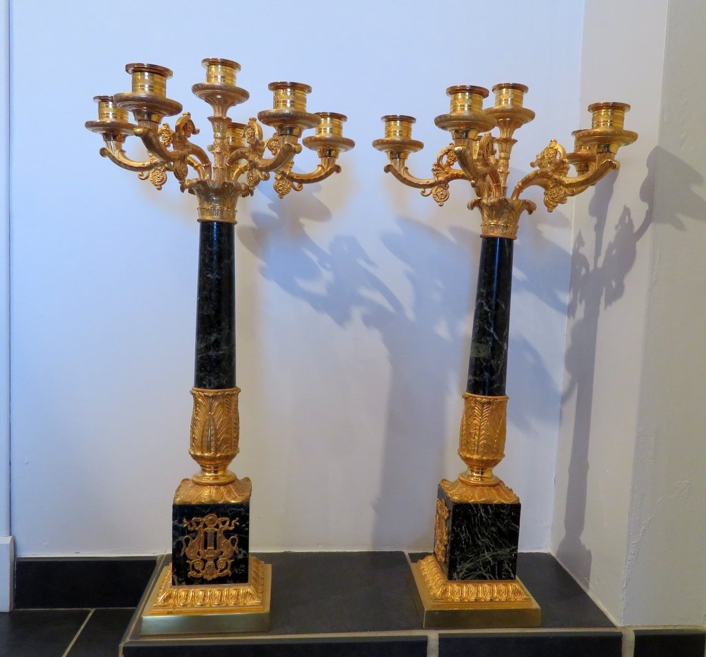  Pair Of Candelabra Golden Bronze And Marble Empire Period 67cm-photo-4