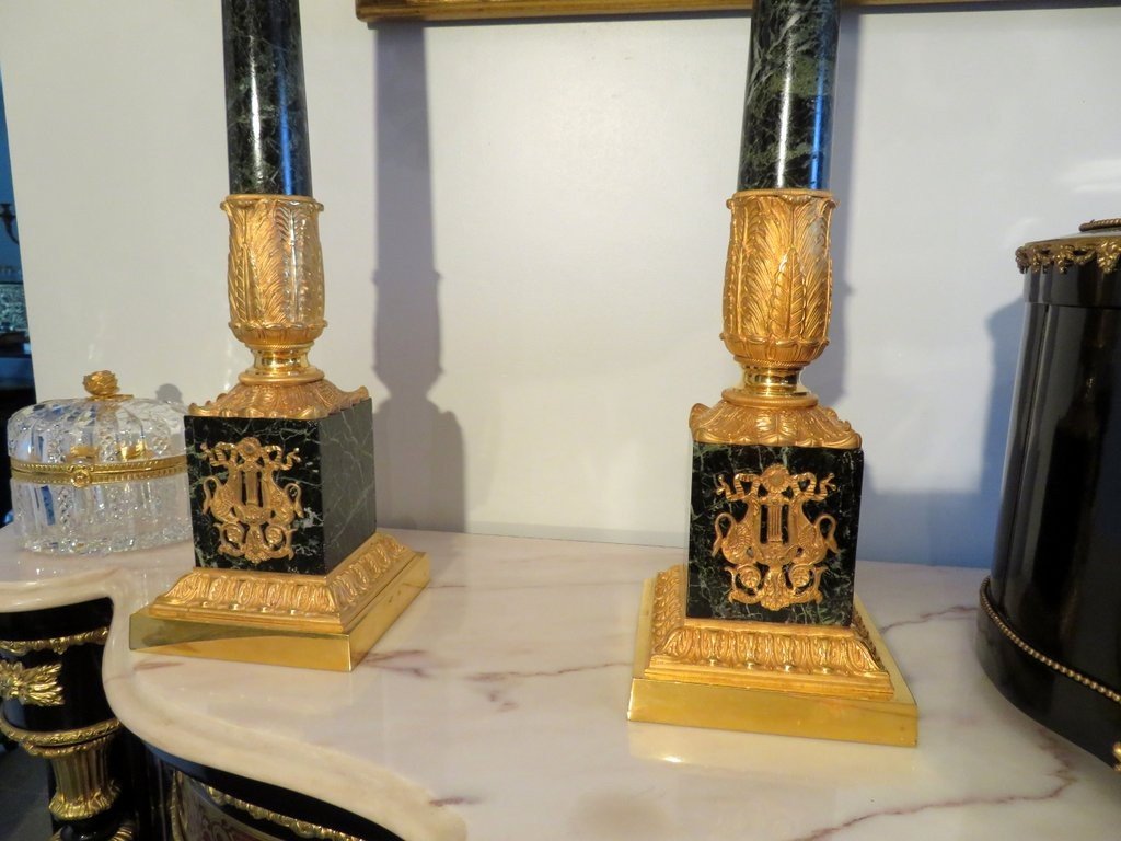  Pair Of Candelabra Golden Bronze And Marble Empire Period 67cm-photo-2