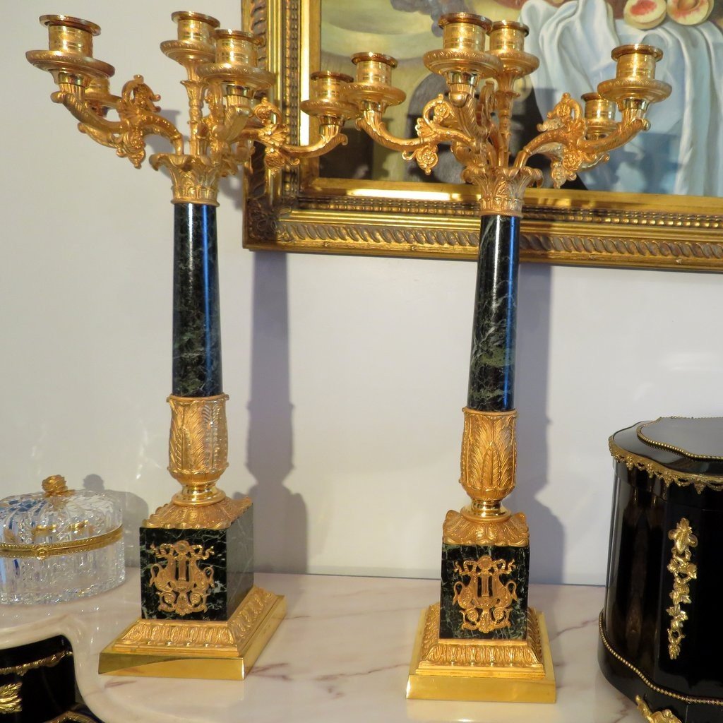  Pair Of Candelabra Golden Bronze And Marble Empire Period 67cm