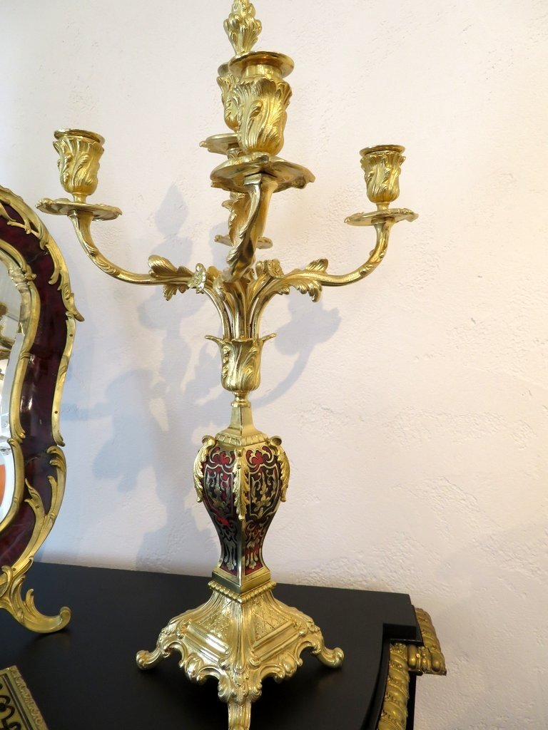  Paire De Candelabre En Marqueterie Boulle Et En Bronze époque Napoléon III 58cm-photo-1