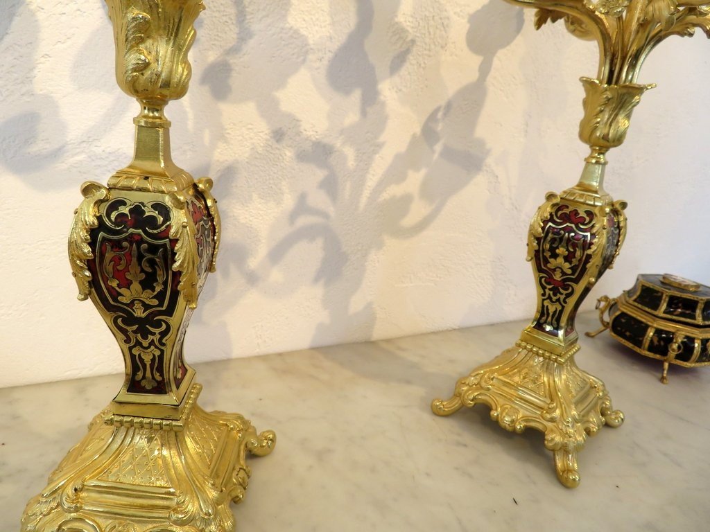  Paire De Candelabre En Marqueterie Boulle Et En Bronze époque Napoléon III 58cm-photo-8