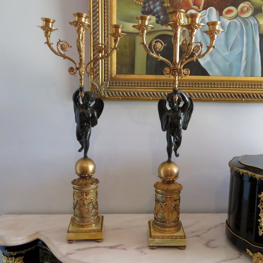 Pair Of Candelabra Golden Bronze And Marbre Jaune Empire Period, 70cm-photo-3