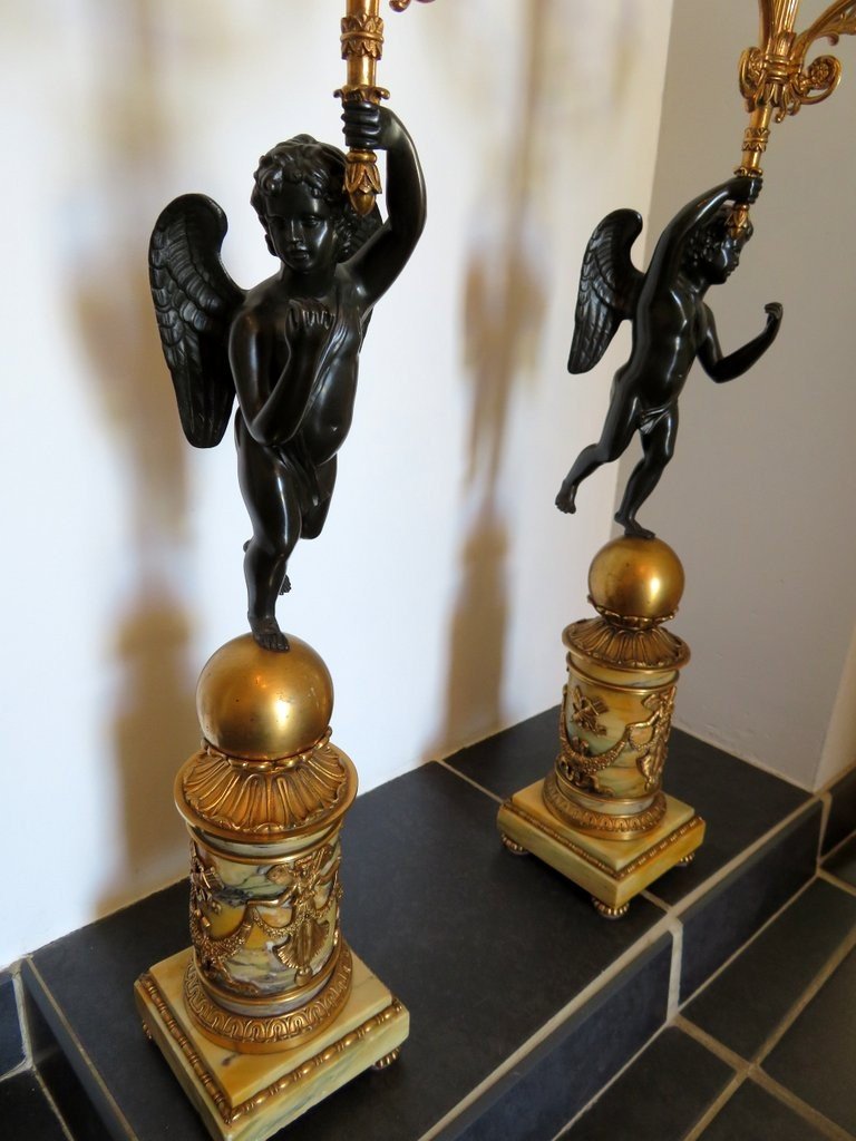 Pair Of Candelabra Golden Bronze And Marbre Jaune Empire Period, 70cm-photo-1