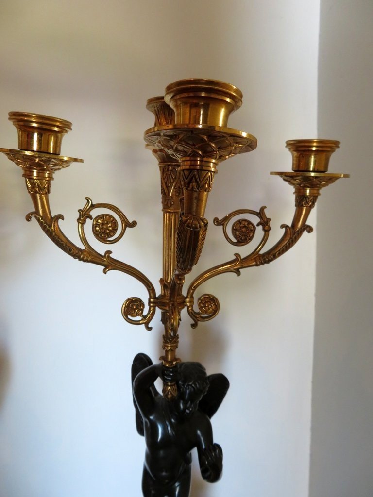 Pair Of Candelabra Golden Bronze And Marbre Jaune Empire Period, 70cm-photo-2