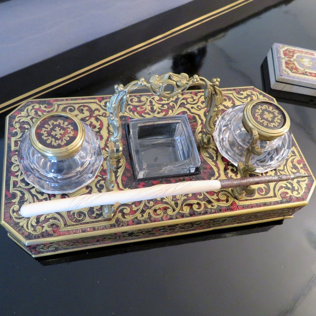 Inkwell Brass Marquetry Boulle Crystal Inkwell Napoleon III Period-photo-4