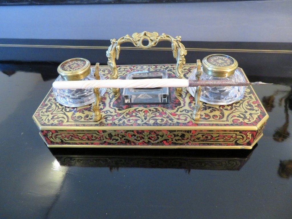 Inkwell Brass Marquetry Boulle Crystal Inkwell Napoleon III Period-photo-1