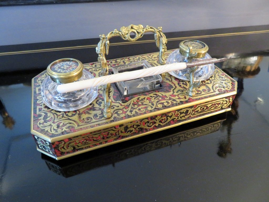 Inkwell Brass Marquetry Boulle Crystal Inkwell Napoleon III Period-photo-2