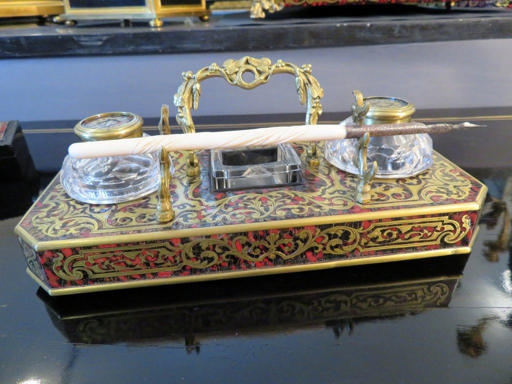 Inkwell Brass Marquetry Boulle Crystal Inkwell Napoleon III Period-photo-3