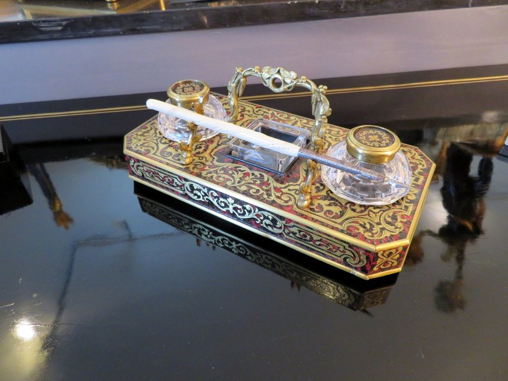 Inkwell Brass Marquetry Boulle Crystal Inkwell Napoleon III Period-photo-5