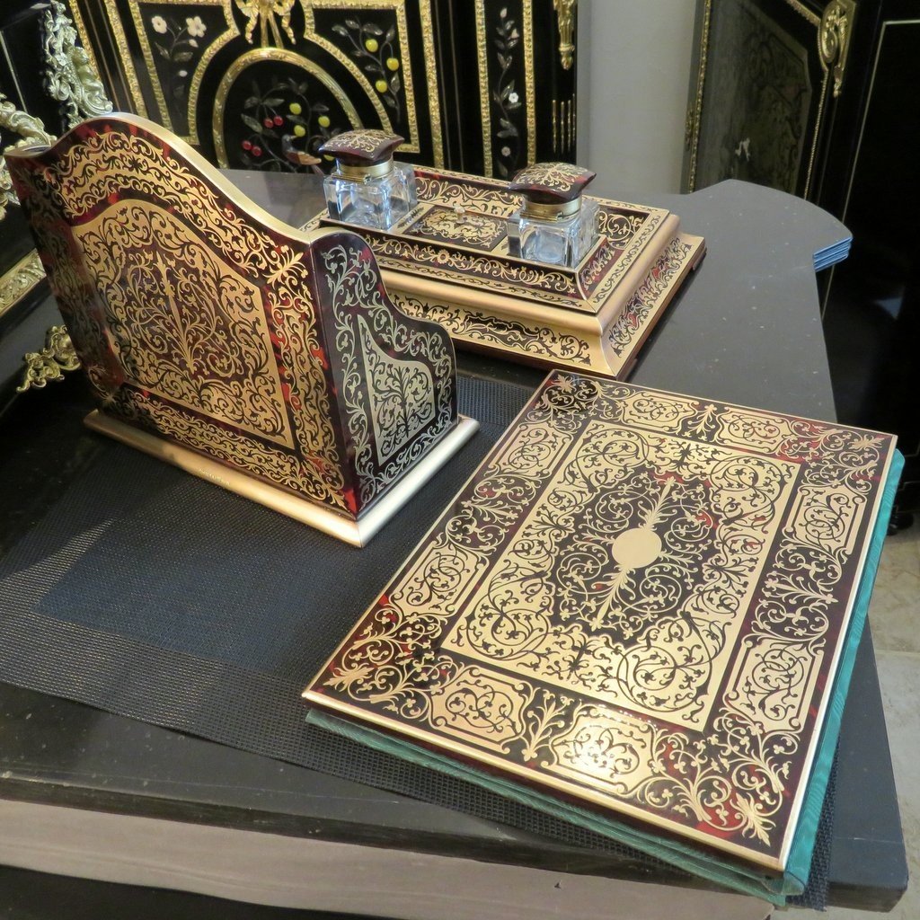 Signé Vickery Ensemble De Bureau En Marqueterie Boulle époque Napoléon III-photo-4