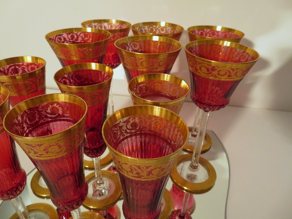 6 Champagne 6 Roemers Hocks Red In Saint Louis Thistle Gold Crystal Signed-photo-3