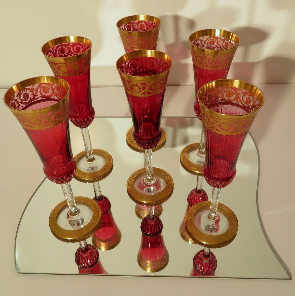 6 Champagne 6 Roemers Hocks Red In Saint Louis Thistle Gold Crystal Signed-photo-2