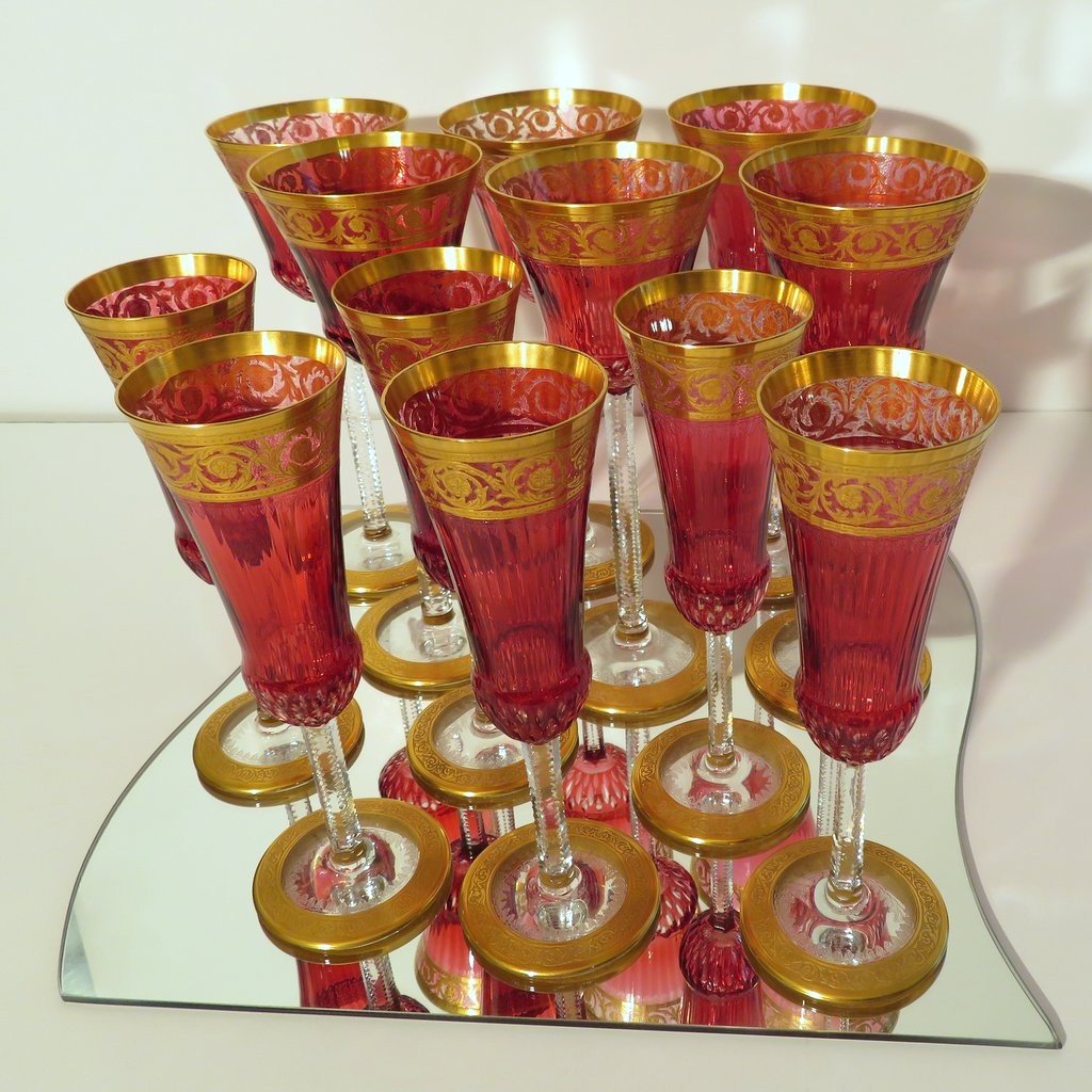 6 Champagne 6 Roemers Hocks Red In Saint Louis Thistle Gold Crystal Signed