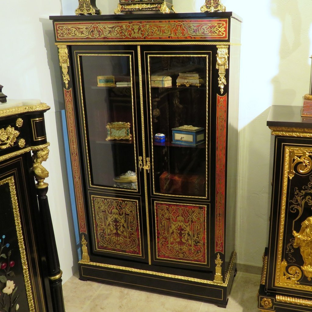 2-door Display Cabinet In Boulle Marquetry, Napoleon III Period 19th Century Perfect Condition