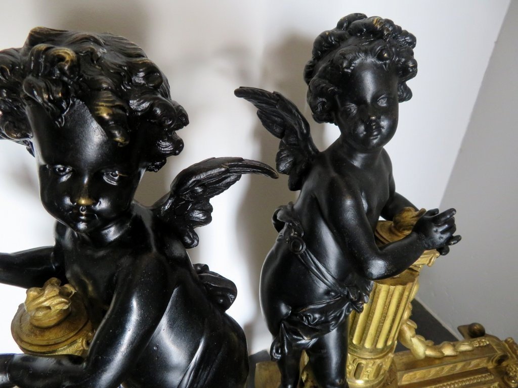 Pair Of 19th Century Bronze Andirons With Cherub Angel-photo-2