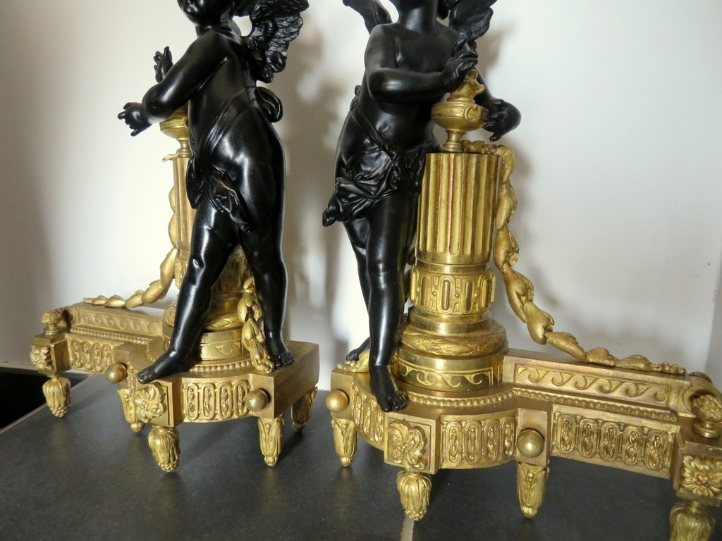 Pair Of 19th Century Bronze Andirons With Cherub Angel-photo-1