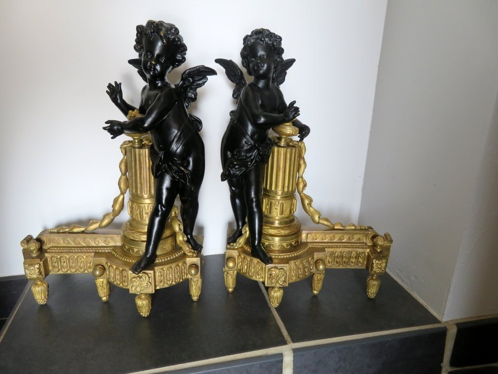 Pair Of 19th Century Bronze Andirons With Cherub Angel-photo-2