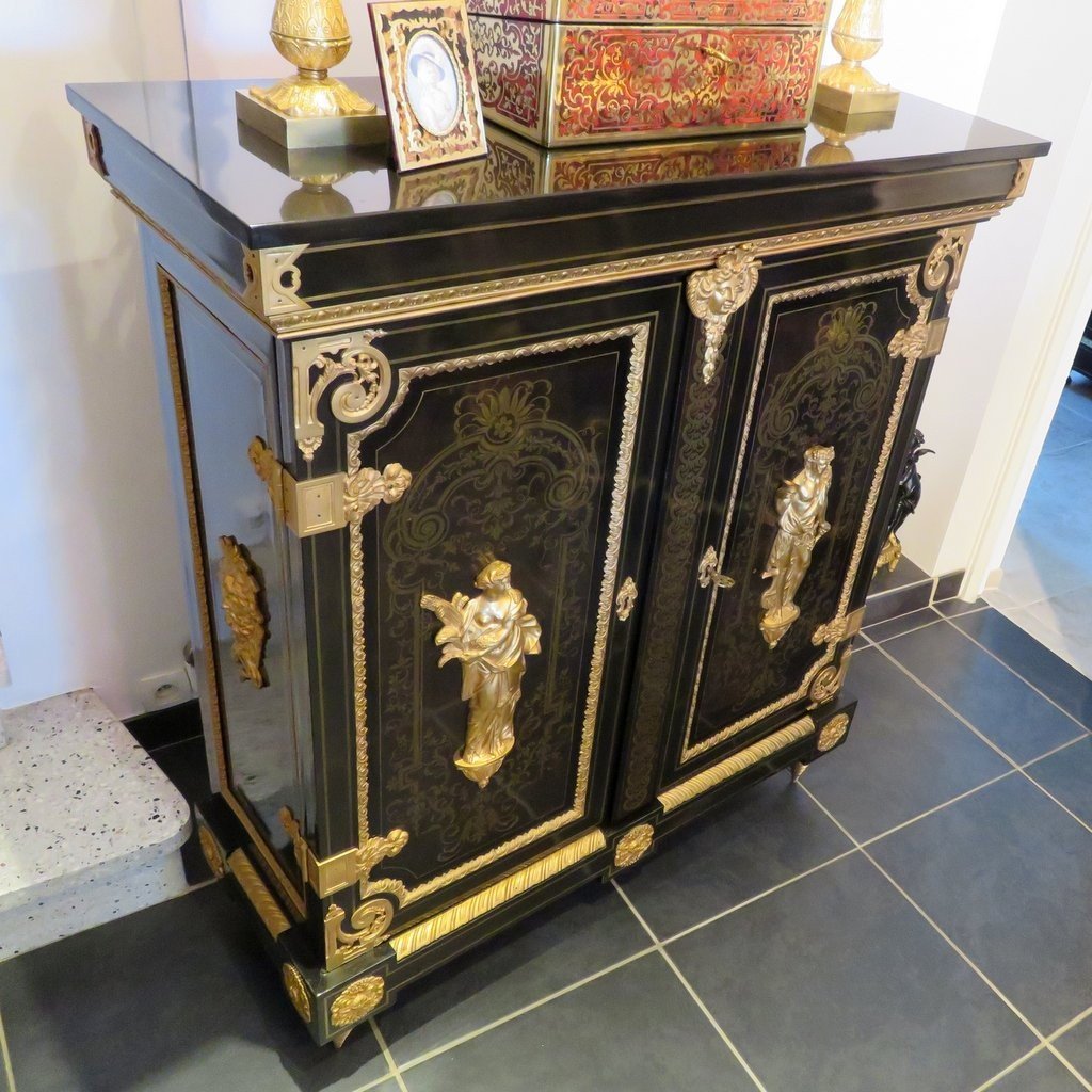 Signed Sormani L XIV Cabinet  With 2 Doors In Boulle Marquetry, Napoleon III Period-photo-3