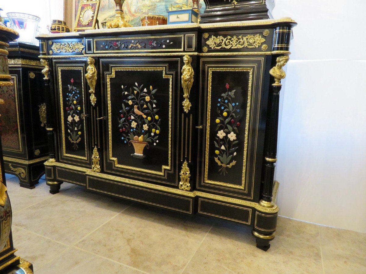 Stamped S. Cochard Credenza Cabinet 3 Doors With Pietra Dura Marquetry 19th Hard Stone-photo-2