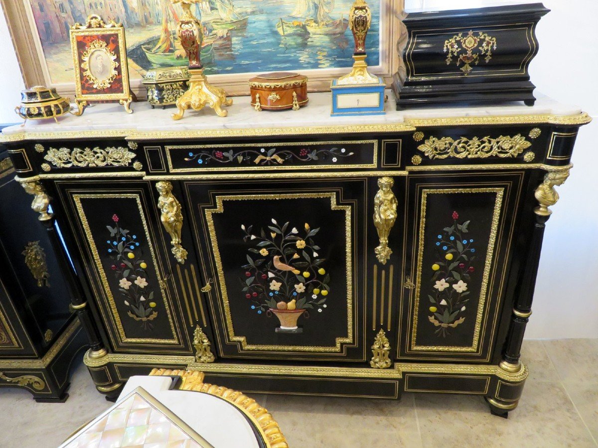 Stamped S. Cochard Credenza Cabinet 3 Doors With Pietra Dura Marquetry 19th Hard Stone-photo-3