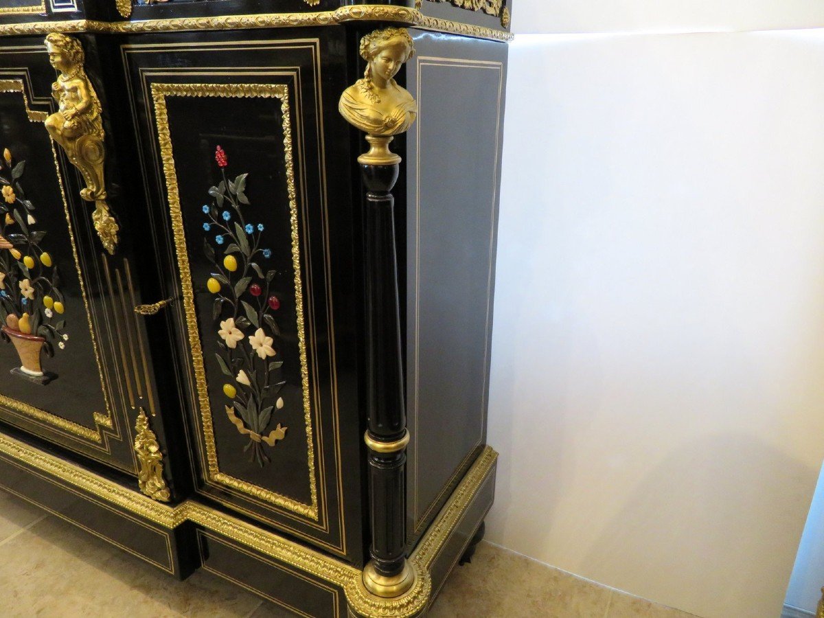 Stamped S. Cochard Credenza Cabinet 3 Doors With Pietra Dura Marquetry 19th Hard Stone-photo-1