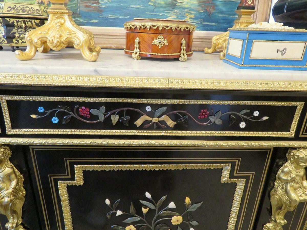 Stamped S. Cochard Credenza Cabinet 3 Doors With Pietra Dura Marquetry 19th Hard Stone-photo-3