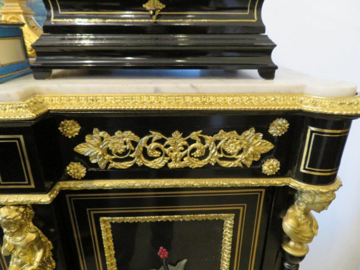 Stamped S. Cochard Credenza Cabinet 3 Doors With Pietra Dura Marquetry 19th Hard Stone-photo-4