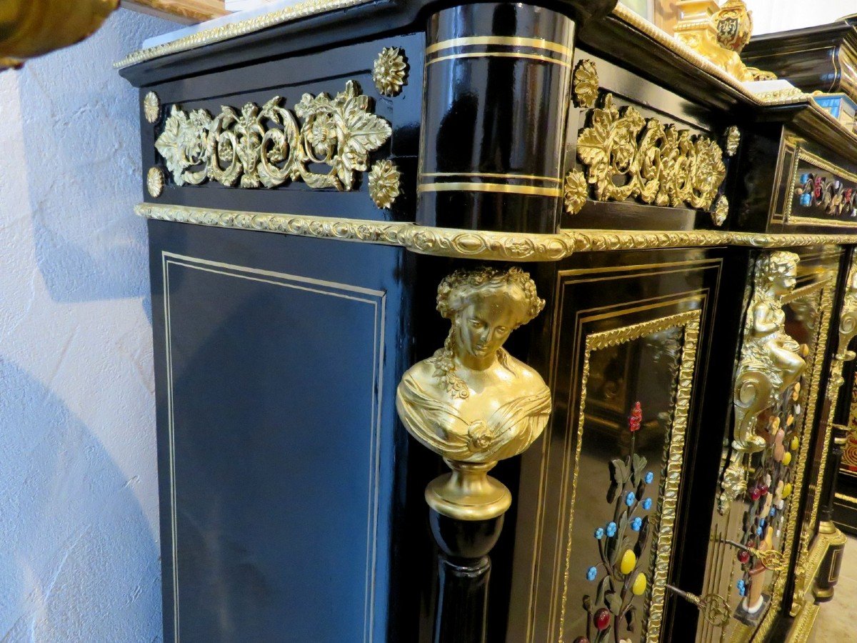 Stamped S. Cochard Credenza Cabinet 3 Doors With Pietra Dura Marquetry 19th Hard Stone-photo-6