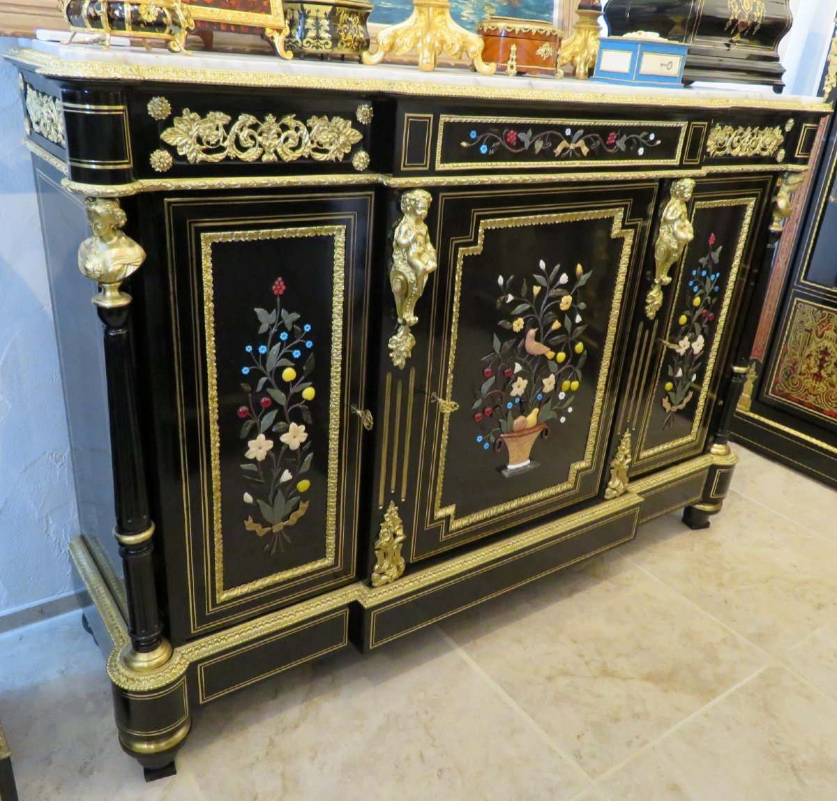 Stamped S. Cochard Credenza Cabinet 3 Doors With Pietra Dura Marquetry 19th Hard Stone