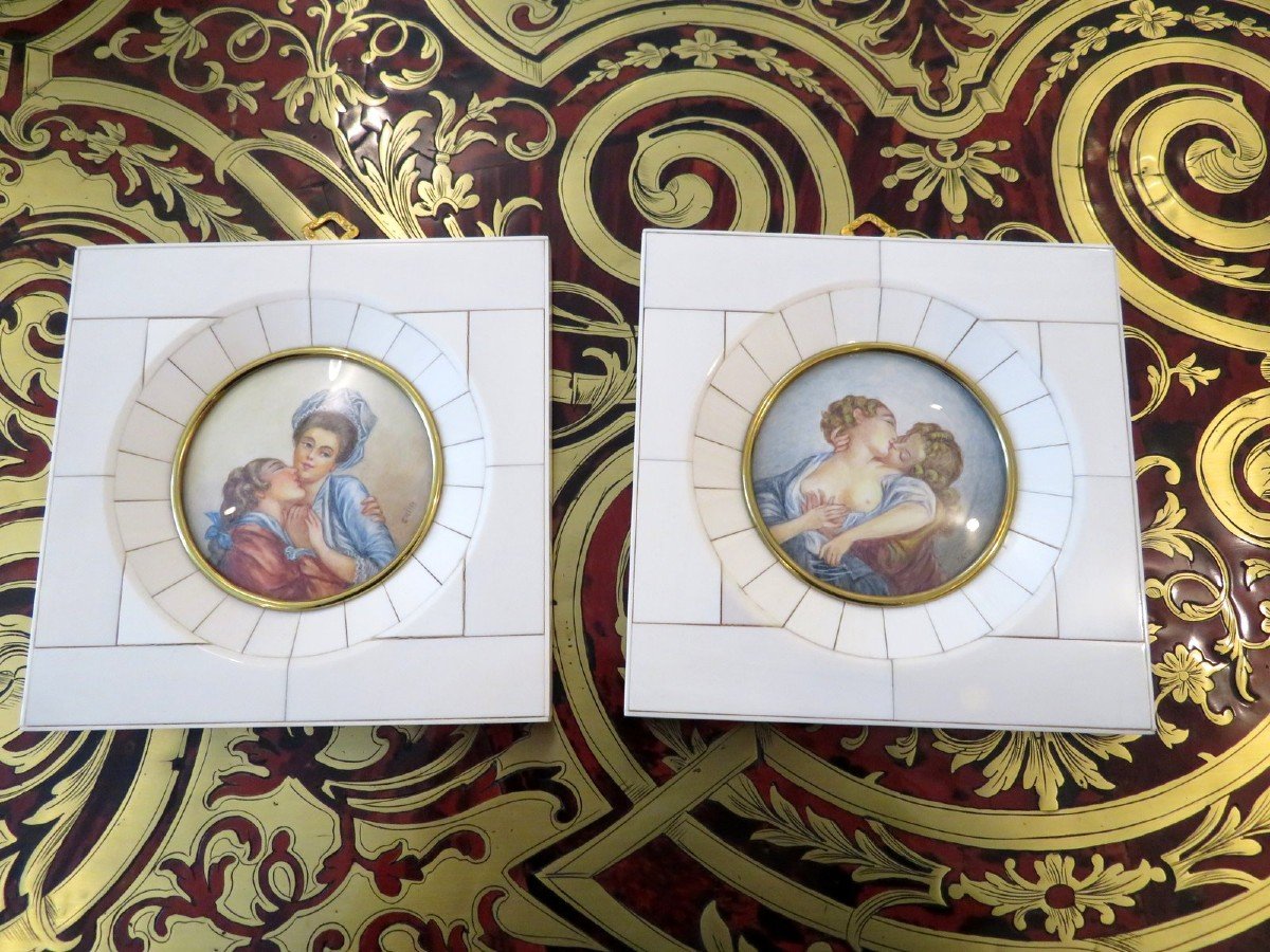 Pair Of Erotic Miniatures Painting With Ivory Frame From The Napoleon III Period-photo-2