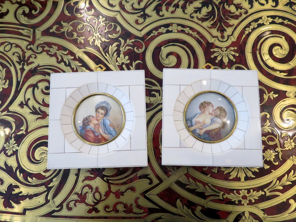 Pair Of Erotic Miniatures Painting With Ivory Frame From The Napoleon III Period-photo-1