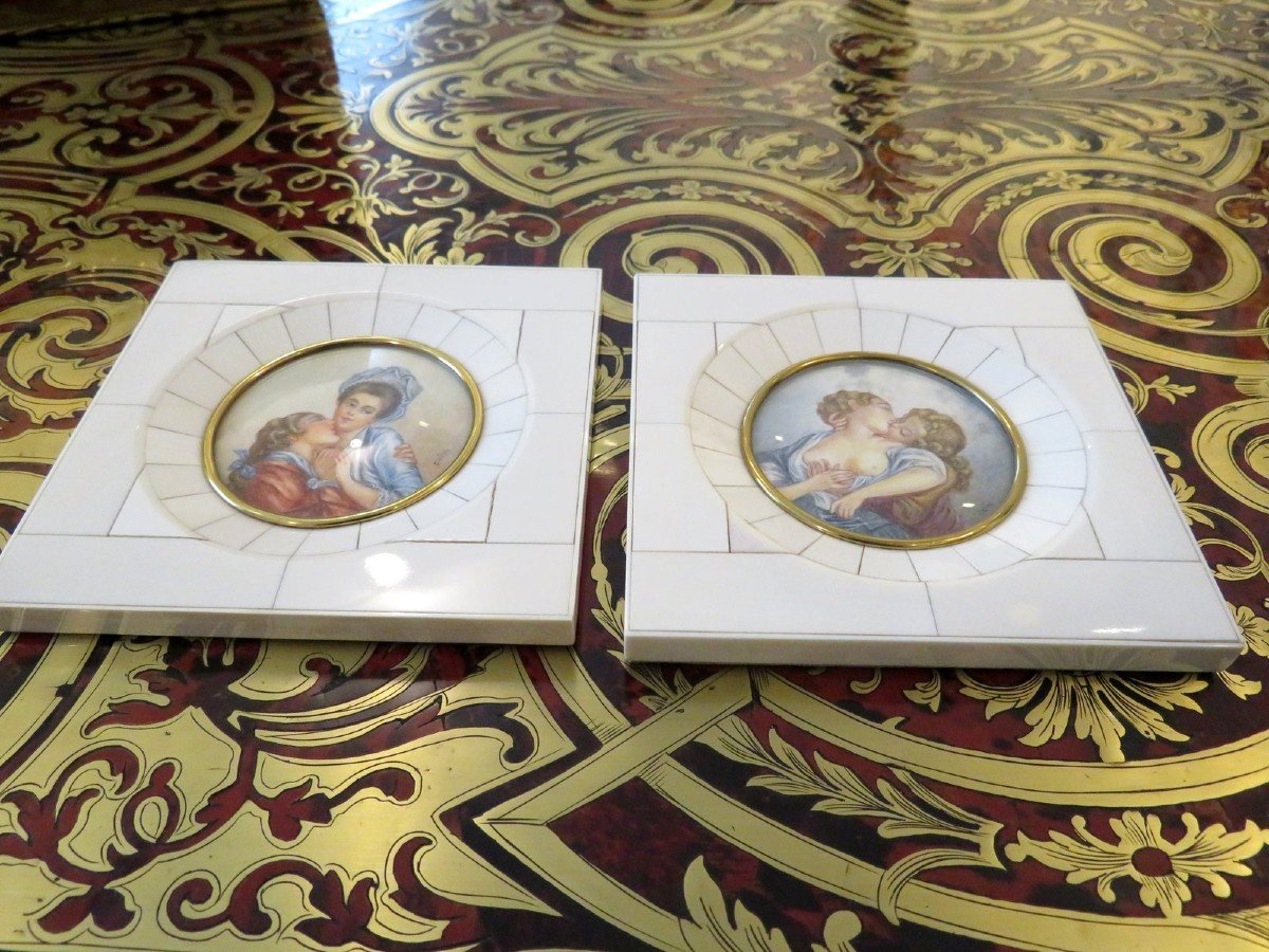 Pair Of Erotic Miniatures Painting With Ivory Frame From The Napoleon III Period-photo-5