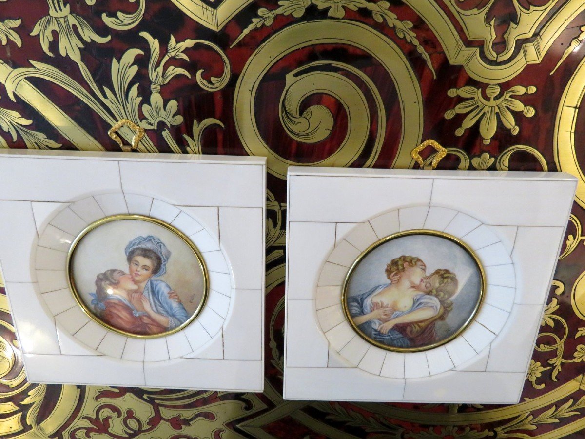 Pair Of Erotic Miniatures Painting With Ivory Frame From The Napoleon III Period-photo-7