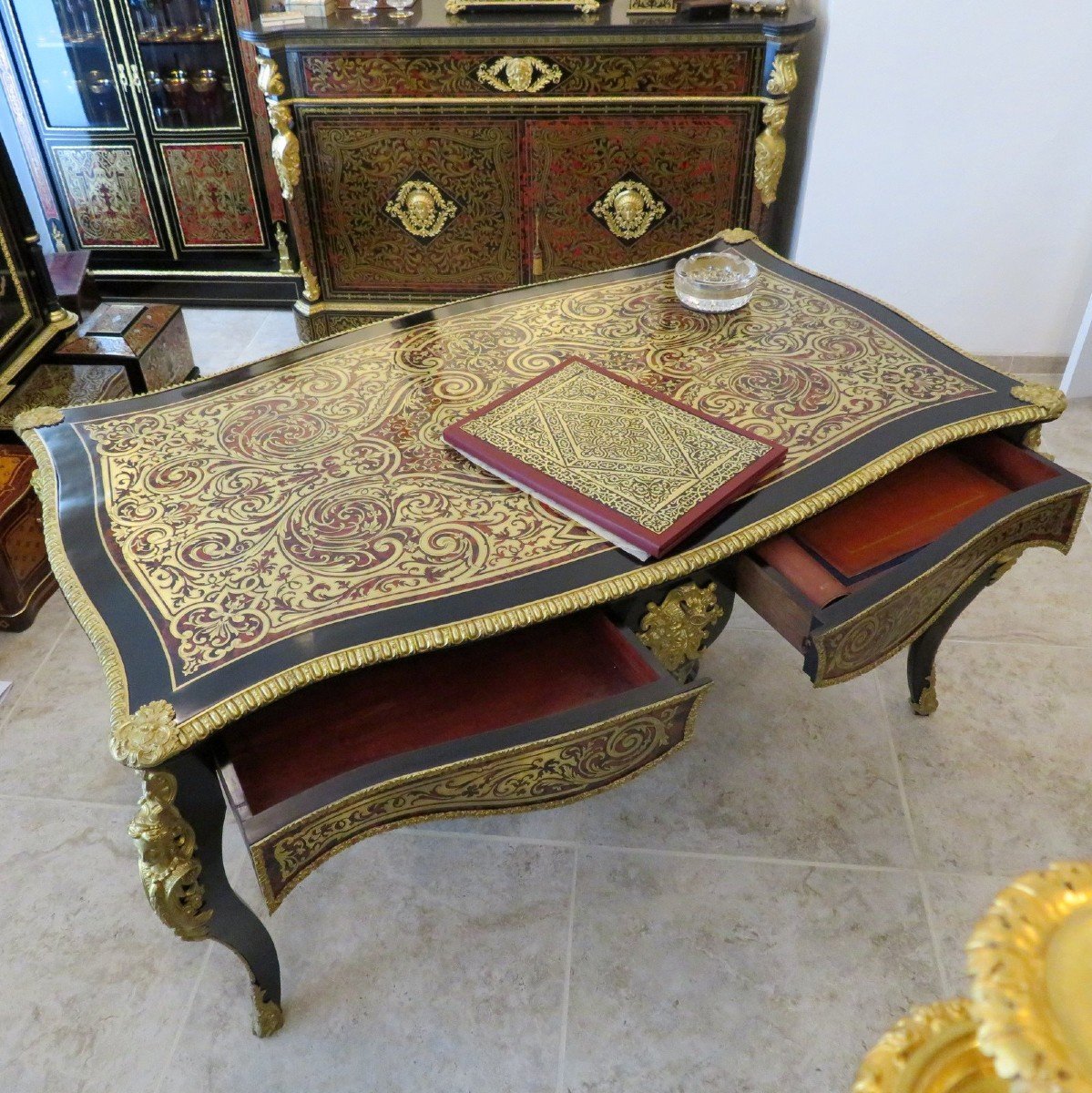 Grand Bureau De Ministre En Marqueterie Boulle époque Napoléon III