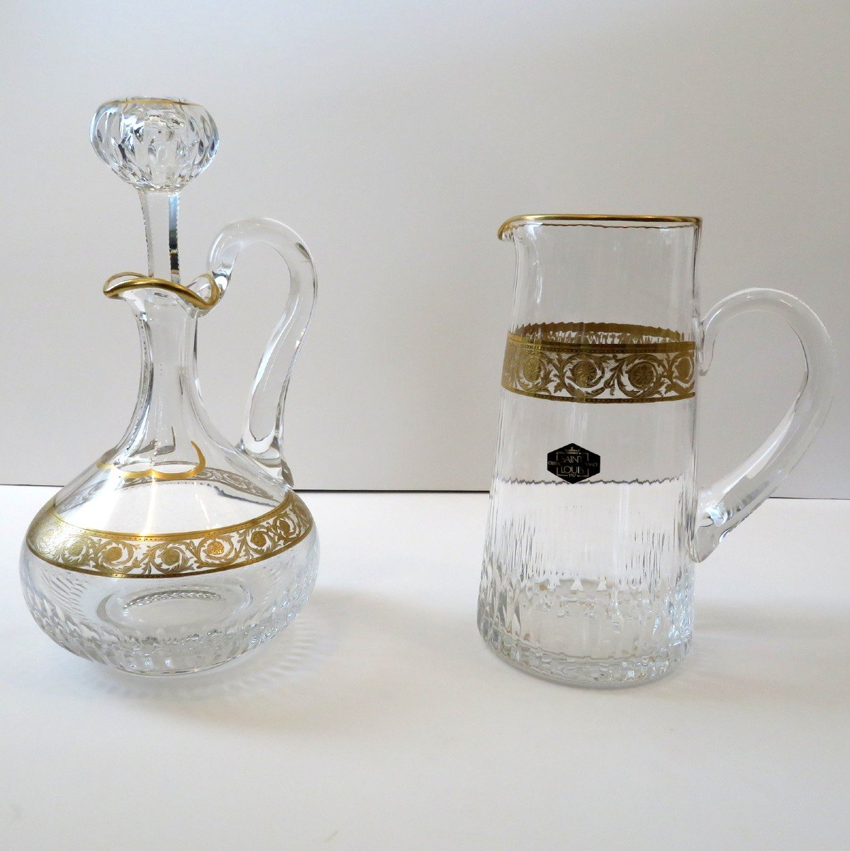 Can Pitcher Decanter Jug Crystal Saint Louis Thistle Gold Signed Perfect Condition-photo-1