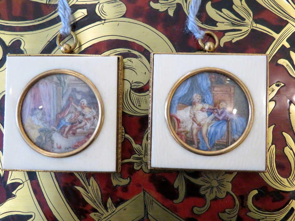 Pair Of Erotic Miniatures With Ivory Frame From The Napoleon III Period-photo-1